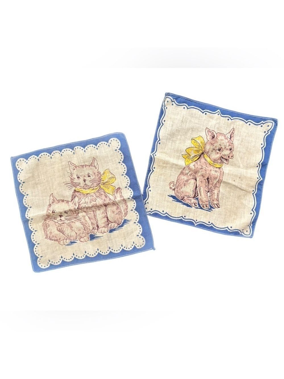 TWO Vintage Child’s Hankies Handkerchiefs Kitty Cats Piglet Blue Edge Adorable